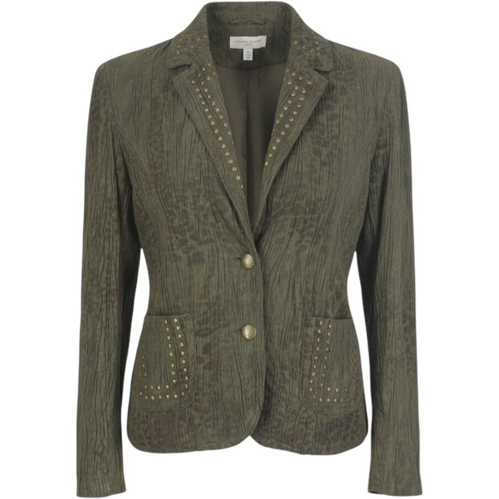 Reba Olive Green Crinkle Leopard Print Studded Blazer Jacket Small